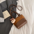 Brown faux suede and leather bucket bag with a cute bear charm and crossbody strap - With Bear Pendant / Brown