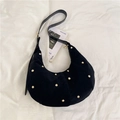 Black suede hobo bag with gold stud embellishments and adjustable crossbody strap - Black