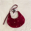 Vintage burgundy suede crescent tote bag with gold studs and adjustable shoulder strap - Burgundy