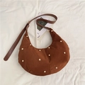 Brown vintage suede crescent tote bag with metallic studs and long shoulder strap - Brown