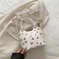 White cherry print tote bag with double top handles and adjustable shoulder strap - White