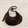 Deep coffee suede crescent tote bag with golden studs and smooth leather strap - Dark Coffee