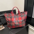 Waterproof red green plaid tote bag with transparent PVC coating and TOTE BAG print - Red