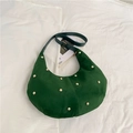 Vintage green suede hobo bag with gold stud accents and an adjustable shoulder strap - Dark Green