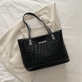 Black leopard print tote bag with faux suede texture and fashion metal plaque on front - No Pendant / Black