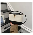 Detailed shot of a black and white contrast bucket bag with a golden V-shaped metal buckle - White