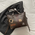 Retro deep brown tote bag with vintage printed patches and stylish leather tassels - Brown