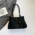 Minimalist black suede tote bag with contrast stitching and small pouch set - Black