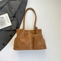 Caramel suede tote bag with white contrast stitching and matching mini pouch - Brown