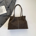 Minimalist vintage dark brown suede tote bag with white contrast stitching for women - Brown