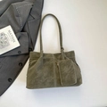 Olive green suede tote bag with contrast stitching and matching small coin purse - Green