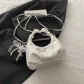 White satin half-moon handbag with rhinestones, pearl bow, and cloud-like pleated handle - White With Pendant