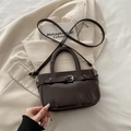 Vintage dark brown crossbody bag in glossy leather with thin belt and buckle detail - Brown