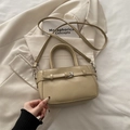 Beige faux leather crossbody bag with silver buckle and top handle for women - Khaki