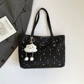 Black star pattern tote bag with plush cloud charm and long shoulder straps - With Pendant / Black