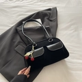 Fashionable black faux suede shoulder bag with dual front pockets and cherry charm - Black With Pendant