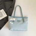 Light blue tote bag with silver star prints and cloud charm accessory for women - With Pendant / Blue