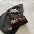 Retro dark brown suede shoulder bag with twin pocket design and cherry pendant - Brown with Pendant
