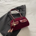 Vintage burgundy faux suede shoulder bag featuring front pockets and cherry charm - Red with Pendant