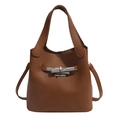 Brown lychee leather bucket handbag with twin handles and modern geometric metal buckle - Brown