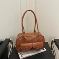 Borsa tote vintage in similpelle marrone con doppie tasche frontali e chiusure a scatto - Marrone