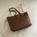 Minimalist brown PU leather tote bag with gold hardware and slim shoulder straps - Brown