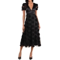 Damenkleid in Schwarz mit V-Ausschnitt, Satin-Oberteil und 3D-Rosenbesatz aus Netzstoff - S / Schwarz