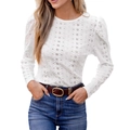 Witte top met lange mouwen van kant met pofmouwen en een casual ronde hals voor dames - S / Wit