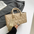 Quilted beige rectangle crossbody bag with geometric patterns and a wide strap - Khaki