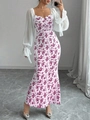 Detail of V-neck floral knit dress with sheer chiffon lantern sleeves and tie cuffs - S / Red (Magenta Floral)