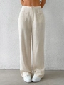 Pantaloni beige in lino a gamba larga da donna con vita alta e tasche laterali moda - S / Albicocca