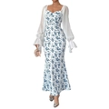 Floral print V-neck dress with white chiffon flare sleeves and bodycon long skirt silhouette - S / White (Blue Floral)