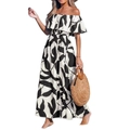 Off-shoulder maxi dress with black and white tropical leaf print and elastic high waist - S / Black