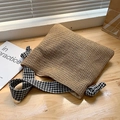 Straw tote bag in light brown woven design with chic black and white houndstooth strap - Brown