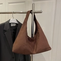 Minimalist dark brown suede hobo bag with wide shoulder strap in premium matte finish - Brown
