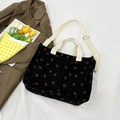 Black corduroy tote bag with pink strawberry prints and adjustable shoulder strap - Black Strawberry