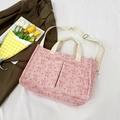 Pink corduroy tote bag featuring butterfly and heart patterns with adjustable strap - Solid Bow Decor Pink