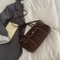 Dark brown retro square bag with white contrast stitching and silver buckle detail - Brown