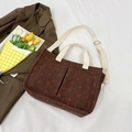 Brown corduroy tote bag with pink hearts, dual front pockets and adjustable strap - Strawberry Coffee