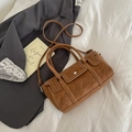 Brown vintage Boston bag with white stitching detail and detachable shoulder strap - Khaki