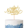 Golden Happy Birthday To You cake topper with crown design on a blue and white cake - Fully Assembled Shipping