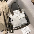 Minimalist white canvas tote bag with olive green straps and a plush frog pendant - White (Frog Charm)