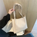 Minimalist cream white large capacity PU leather tote bag with slender dual handles - White