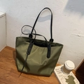 Olive green large capacity tote bag with black handles and polished nylon finish - Green