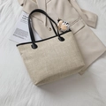Minimalist beige woven tote bag with black faux leather trim and cute calf keychain - Beige