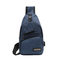 Men's sports crossbody chest bag in navy blue with USB port and oxford texture - Blue