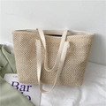 Grande borsa tote in paglia intrecciata beige con manici bianchi per vacanze estive al mare - Bianco Sporco