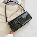 Glossy black crocodile-embossed baguette bag with oversized decorative square buckle - Black