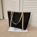 Grande borsa tote in tela nera con finiture in pelle beige e capiente scomparto - Grande / Nero