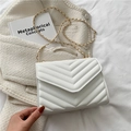 White chevron quilted leather crossbody bag with light gold chain strap and envelope flap - White